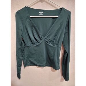 VICTORIA'S SECRET PINK Base Stretch Ruched Long Sleeve V-Neck Top Large Green